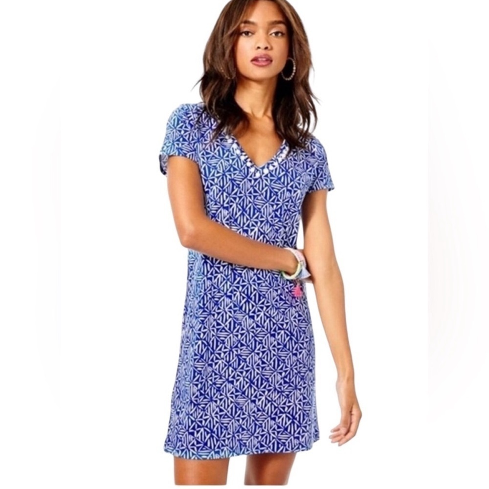 LILLY PULITZER ETTA CORSICA BLUE White Short Sleeve DRESS SIZE L LIKE NEW!